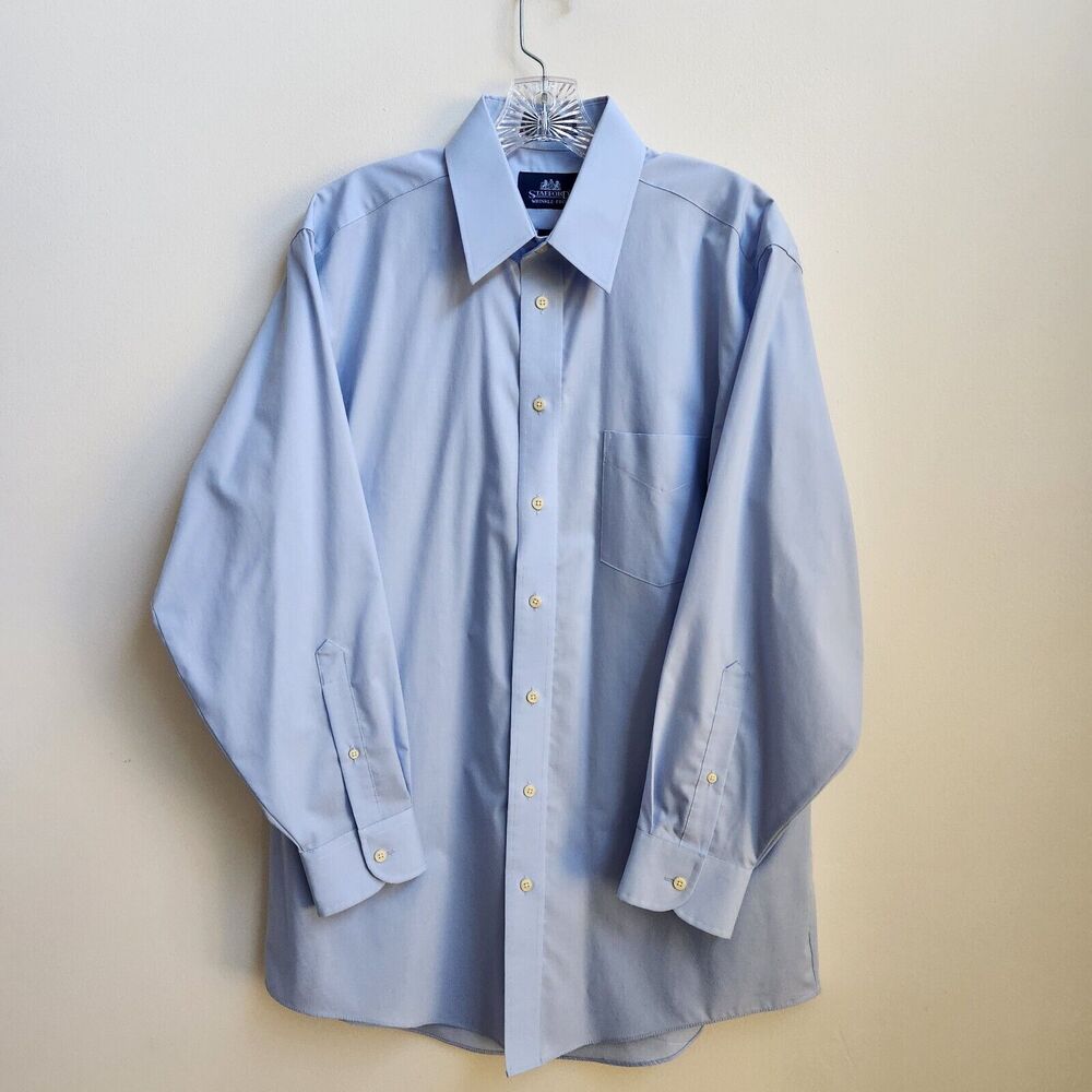 Stafford Shirt Men's 16-33 Blue Broadcloth Button Up Dress Shirt Wrinkle Free